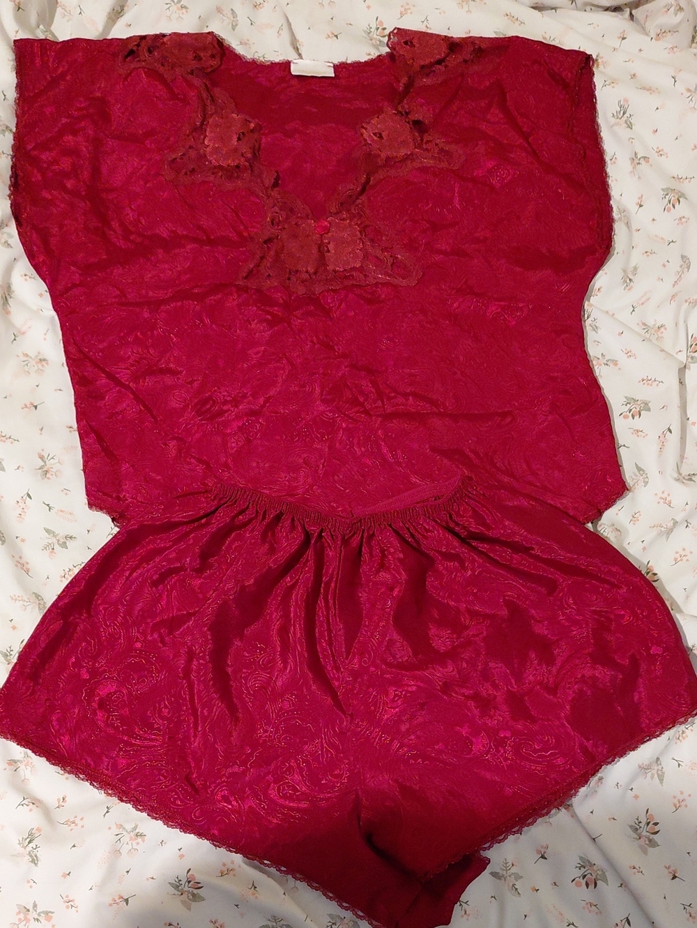 Women's Red Lace-Trim Sleep Romper